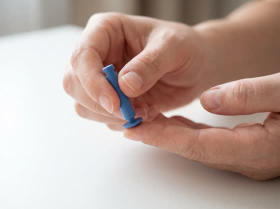 Lance — Lancet flat against the side of the fingertip, off to the side of the pad.